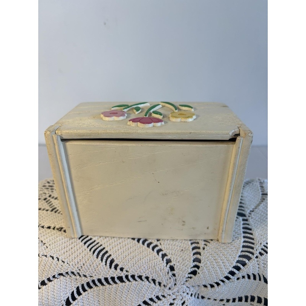 Vintage Recipe box flip open flowers Floral wood look white green pink FTD 1985 - Picture 5 of 11
